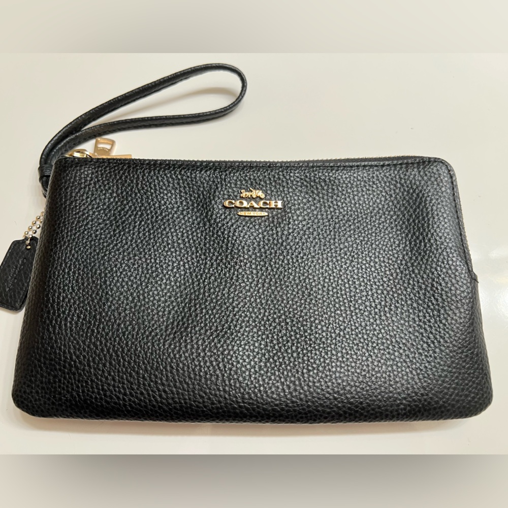 Coach Black Double Corner Zipper Pebbled Leather Wristlet - Picture 9 of 13